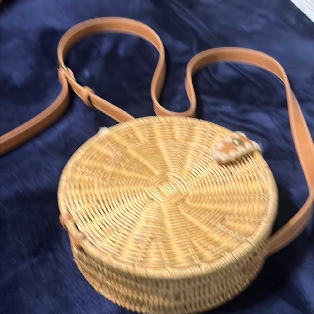 Round Woven Tan Crossbody Bag